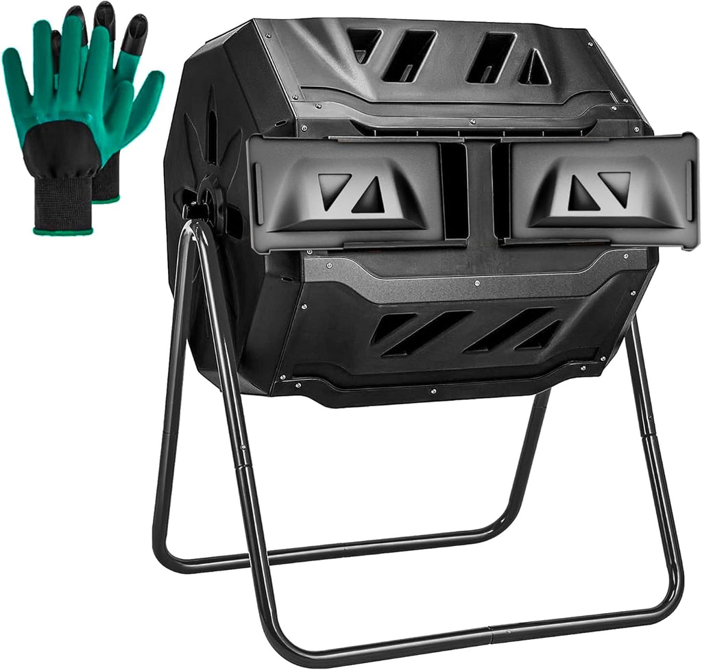 Hourleey Compost Bin Outdoor, 43 Gallon Dual Chamber Tumbling Composting Bin with Sliding Doors, Tumbler Rotating Batch Composter Bin for Garden Kitchen Yard