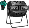 Hourleey Compost Bin Outdoor, 43 Gallon Dual Chamber Tumbling Composting Bin with Sliding Doors, Tumbler Rotating Batch Composter Bin for Garden Kitchen Yard