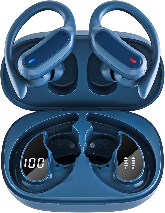 Wireless Earbuds Bluetooth Headphones, Bluetooth 5.3 Stereo Over Ear Buds,Noise Cancelling Mic, IPX7 Waterproof Headset for Workout/Running - Blue