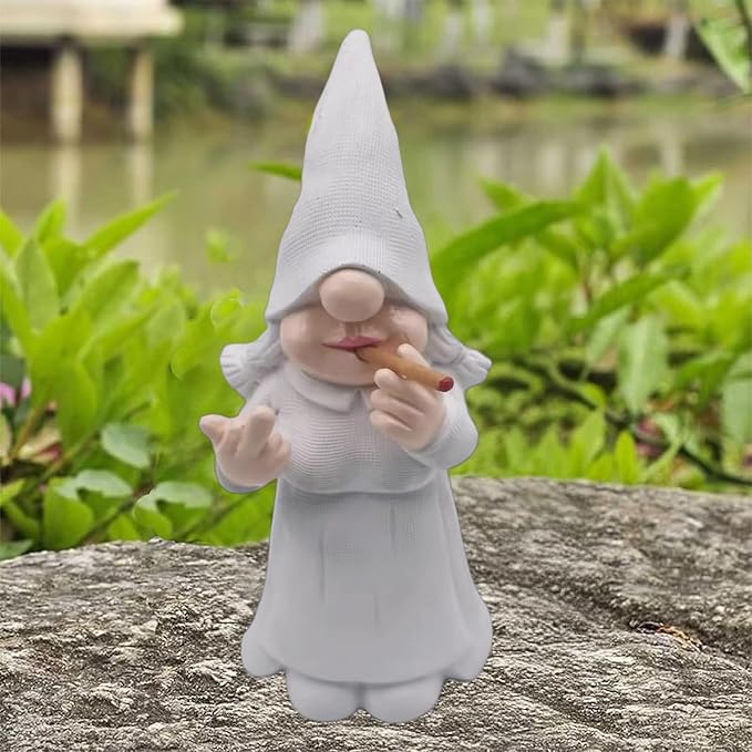 MINICAR 8'' H Funny Middle Finger Lady Gnomes Statues Outdoor Decor, Naughty Smoking Sculptures Garden Yard Patio Decorations, Paintable Unique Gifts