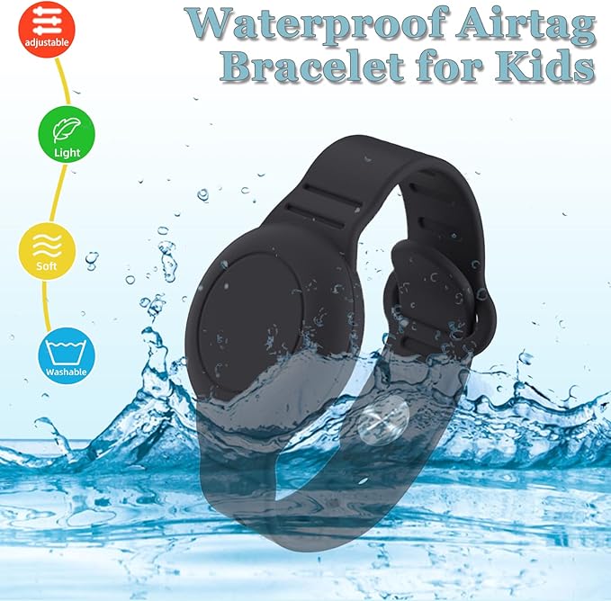 Kids Waterproof Airtag Bracelet Compatible with Apple AirTag, Hidden Silicon Protective Case for Air Tag GPS Tracker Holder, Adjustable Anti-Lost Watch Band for Toddler Child (Black & White)