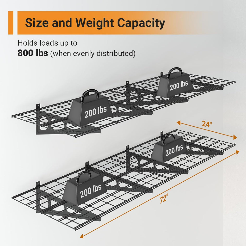 2x6 ft Garage Shelving, 2-Pack Wall-Mounted Shelves for Garage, Kitchen, Pantry Storage, 800 lbs Total Load Capacity Gargae Wall Shelving, Black