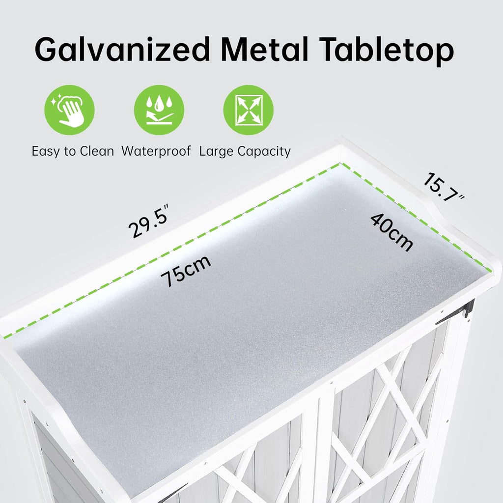 Outdoor Cabinet with Metal Tabletop Garden Potting Bench Table - Outdoor Garden Patio Wooden Storage Cabinet with Adjustable Shelf, Wooden Storage Cabinets, Weatherproof for Garden Patio Lawn