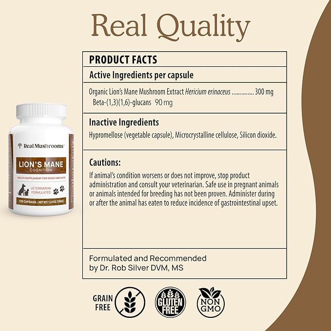 Real Mushrooms Lion’s Mane Pet Mushroom Supplement – Pet Wellbeing Capsules – for Cat & Dog Supplement & Vitamins – Support Mindful Routines – Organic, Vegan, Non-GMO, 120 Count