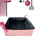 Pink Portable Cat Litter Box, Firm Waterproof Foldable for Travelling for Cats, Including Crinkle Ball, Poop Bags, Foldable Bowl and Scoop, 15.8x15.8x5.9 inches