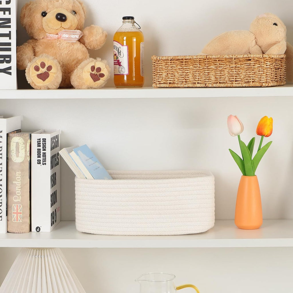 Small Storage Baskets for Organizing | Closet Organizer Bins | Shelf Toy Basket | Woven Rope Baskets | Cube Decorative Box | Shallow Basket | 11.5x7.5x4.7” | 3 Packs Off White