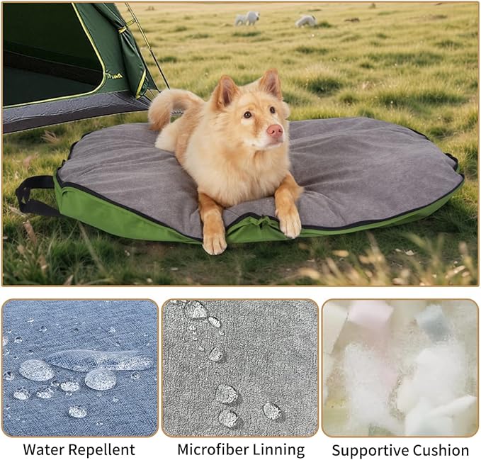 Portable Waterproof Dog Mat for Camping, Patio & Travel - Foldable Outdoor Dog Bed with Teflon Shell & Removable Plush Pad - Easy Clean, Durable - L (Sage Green)
