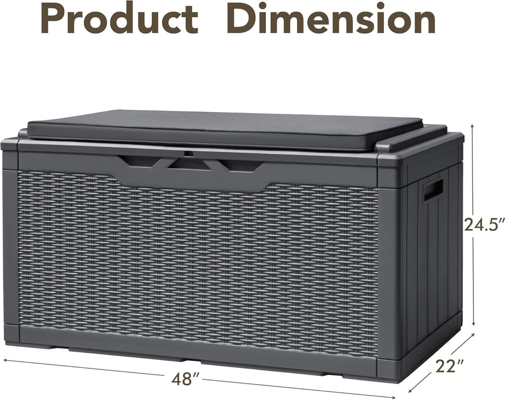Devoko 100 Gallon Deck Box, Waterproof Resin Outdoor Storage Box with Cushion for Outside and Patio, Large Outdoor Storage Bench Cabinet Lockable for Patio Furniture and Garden Tools (Gray)