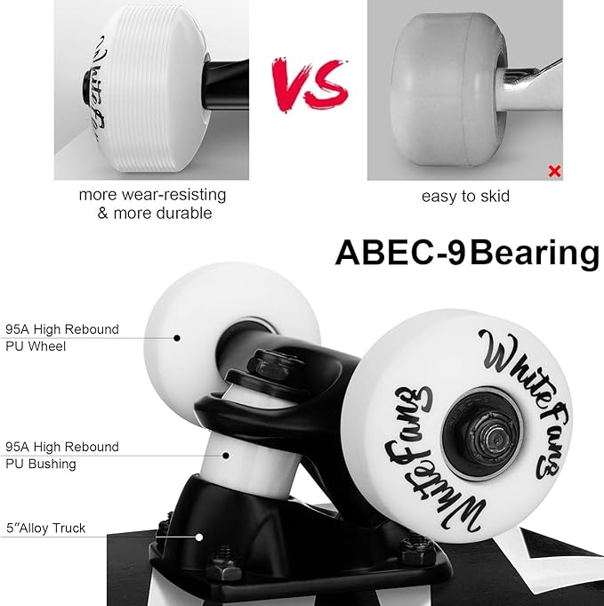 WhiteFang Skateboards for Beginners, Complete Skateboard 31 x 7.88, 7 Layer Canadian Maple Double Kick Concave Standard and Tricks Skateboards for Kids and Beginners