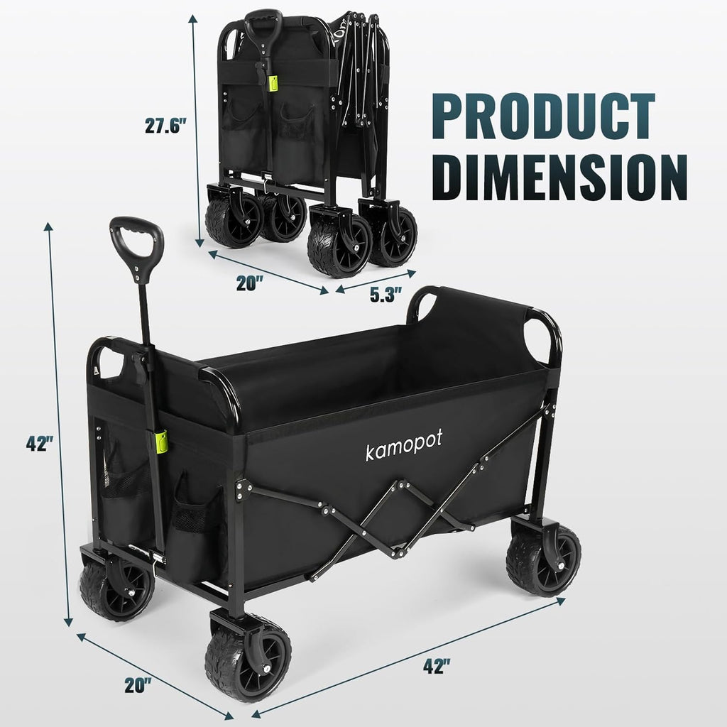 Large Collapsible Wagon Foldable for Beach, Yard, Grocery, Park, 34" x 18" Inner Storage. 300lb Heavy Duty Folding Utility Wagon on Big Wheels for Sand, Durable w/Cupholders