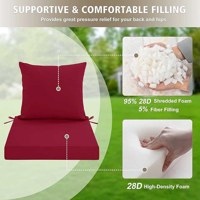 24x24 Inch Outdoor Cushions for Patio Furniture, Waterproof Outdoor Chair Cushions w/Fade-Resistant, Removable & Machine-Washable Covers, Deep Seat Sofa/Couch Pad Replacement – Set of 1/2/4, Burgundy