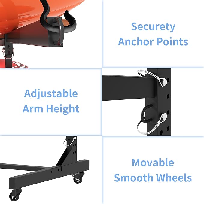 Kayak Storage Rack, Heavy Duty Kayak Stand Canoe Rack with Wheels, Freestanding Kayak Holder Stand for Kayaks, Canoes, Surfboard, Paddleboard Storage