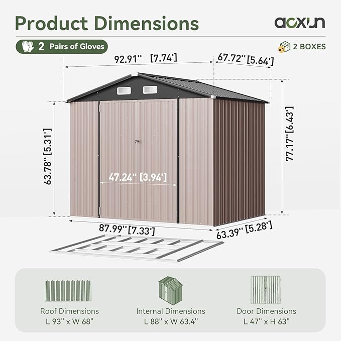 Aoxun 7x5 FT Outdoor Storage Shed with Base Garden Metal Shed with Lockable Door Outdoor Large Shed for Tool, Garbage Can, Bike, Mower, Brown