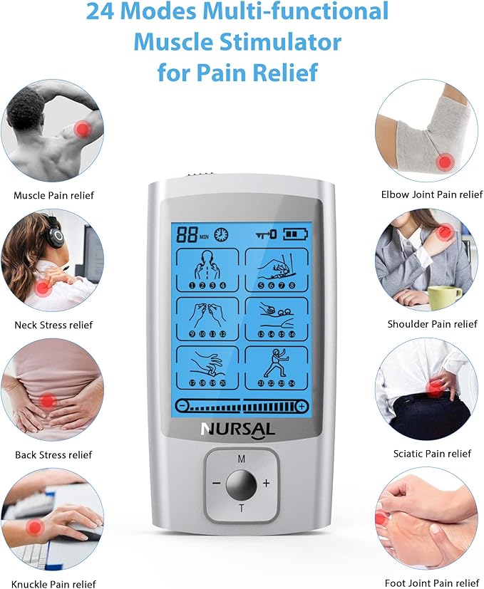 NURSAL 24 Modes TENS Unit Muscle Stimulator with Continuous Stimulation, Rechargeable Electronic Pulse Massager with 8 Pads for Back and Shoulder Pain Relief and Muscle Strength (Silver)