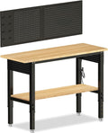 Adjustable Height Work Bench 48×24 Workbench for Garage with Under Table Shelf Heavy Duty Rubber Wood Work Table for Shop Woodworking, Office, Home, Commercial