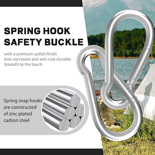 200PCS M5 Spring Snap Hook Carabiner, 2IN Heavy Duty Galvanized Steel Carabiner Clip, 220LBS Holding Capacity Spring Clips for Hammock Swing Outdoor Travel