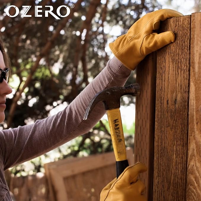 OZERO Leather Work Gloves Flex Grip Stretchable Tough Cowhide Work Gloves 1 Pair (Gold, Medium)