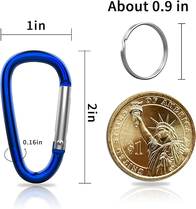 30PCS Aluminum Carabiner Clips, 2" D Shape Spring Snap Hooks Carabiner with 30PCS Keyring Keychain Hook