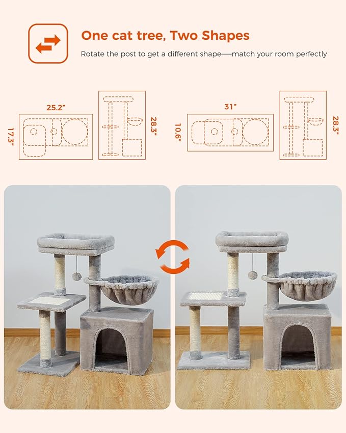 PEQULTI Small Cat Tree, [28.5''] Cat Tower for Indoor Cats, 2 Styles Activity Tree with Cat Scratching Posts, Big Hammock and Removable Top Perch Grey