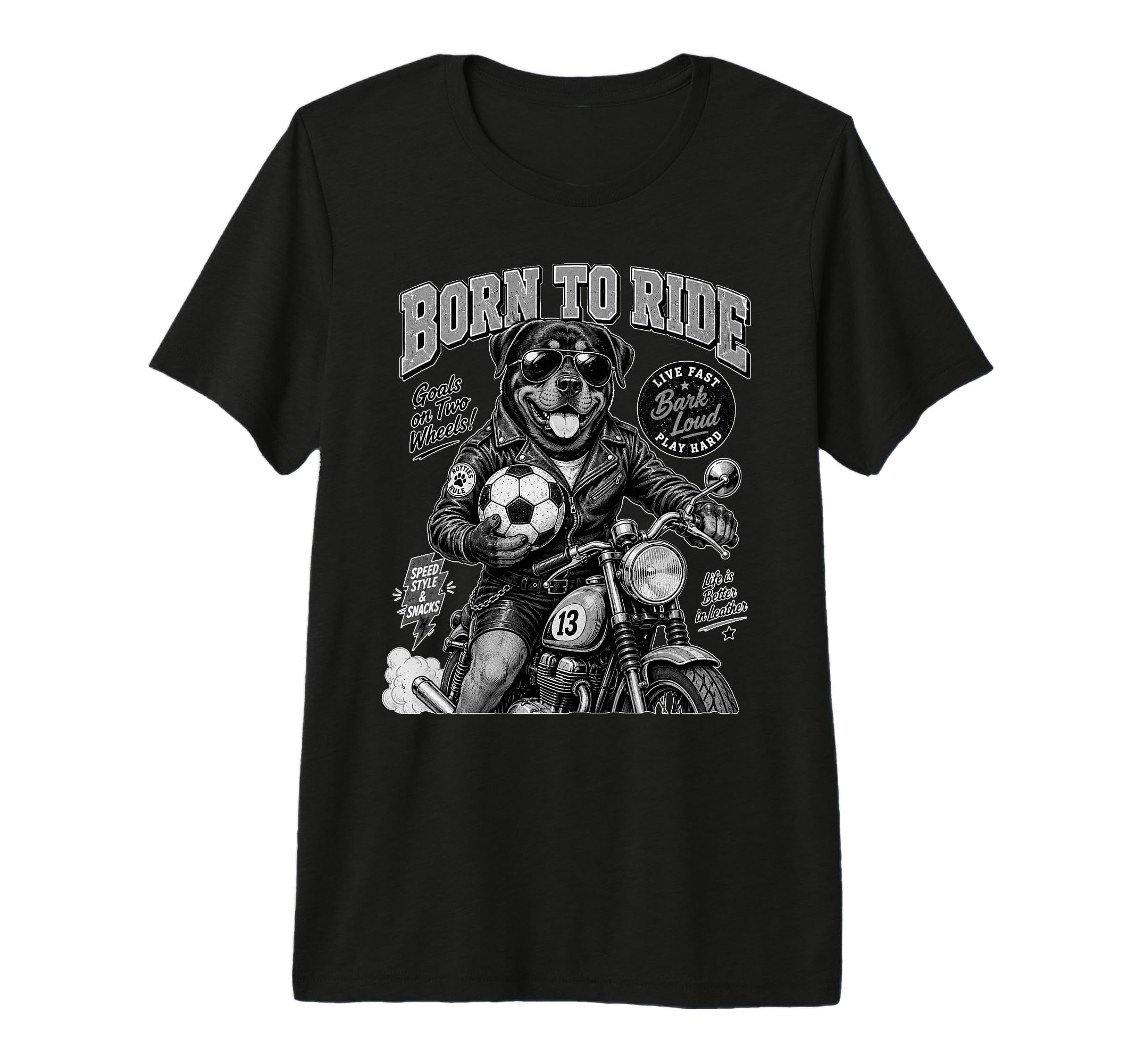 Rottweiler Ride Motorbike Love Footbal T-Shirt - Graphic Print Unisex