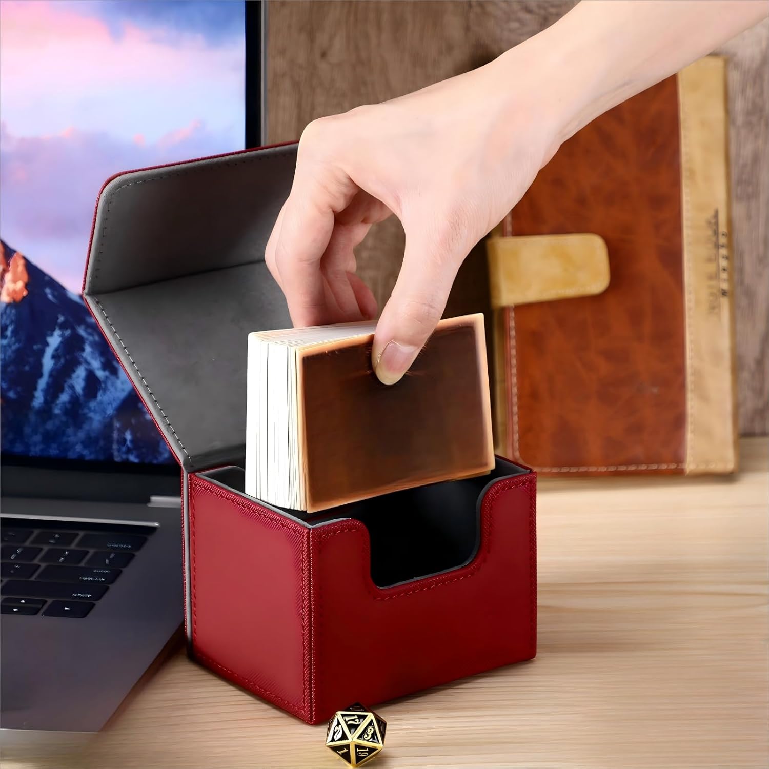 Yookeer 4 Pieces Leather Deck Card Boxes Cards Deck Game Box for Collectible Playing Card Box Compatible with MTG Commander(Black, White, Red, Green,Horizontal)