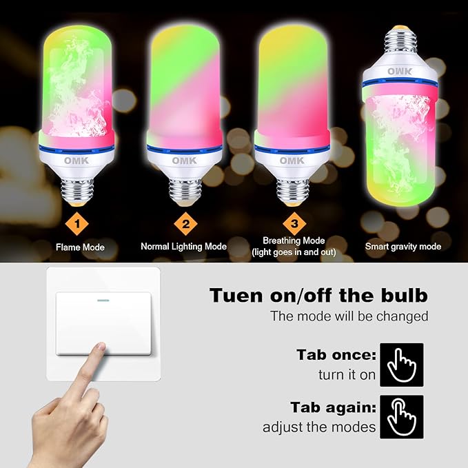OMK LED Flame Effect Fire Light Bulbs (2 Pack), Flame Christmas Decor 4 Modes Flickering Fire Simulated Lamps, E26 Base Energy Efficient LED Bulb for Indoor/Outdoor Holiday