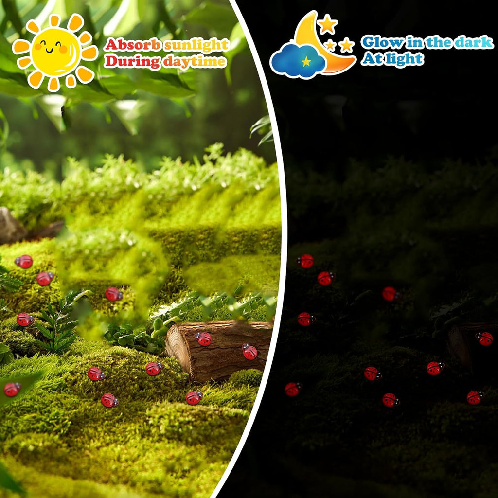 120PCS Mini Luminous Ladybug, Tiny Resin Ladybug Miniature Figurines, Glow in Dark Animals for Fairy Garden Dollhouse Micro Landscape Decor