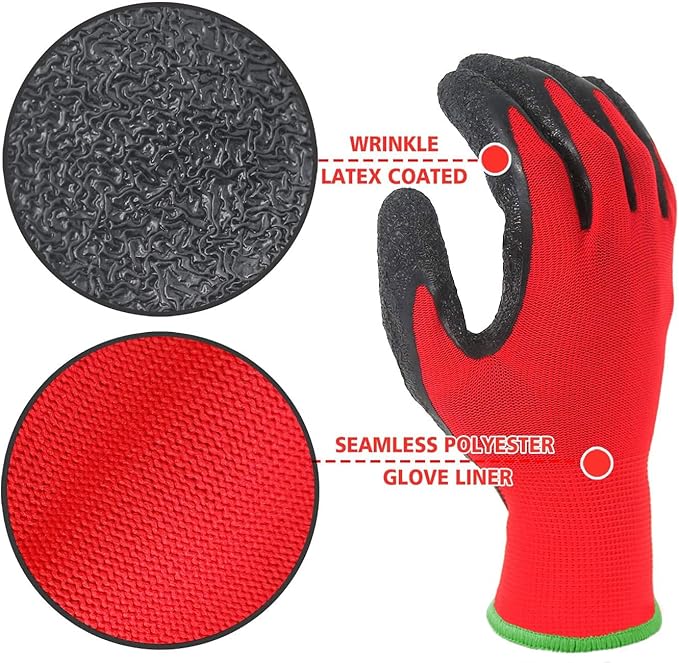 Evridwear Crinkle Latex Rubber Hand Coated Safety Work Gloves for Men Women General Multi Use Construction Warehouse Gardening Assembly Landscaping (XL-Size) 12 Pairs Pack