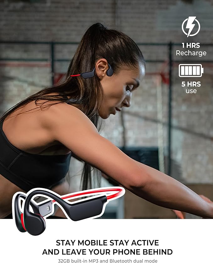 Swimming Waterproof Bone Conduction Headphones Bluetooth 5.3 lPX8 Underwater Waterproof Headphones for Swimming with 32GB MP3 Player Built in Earbuds for Sport Running Cycling Gym (Redblack)