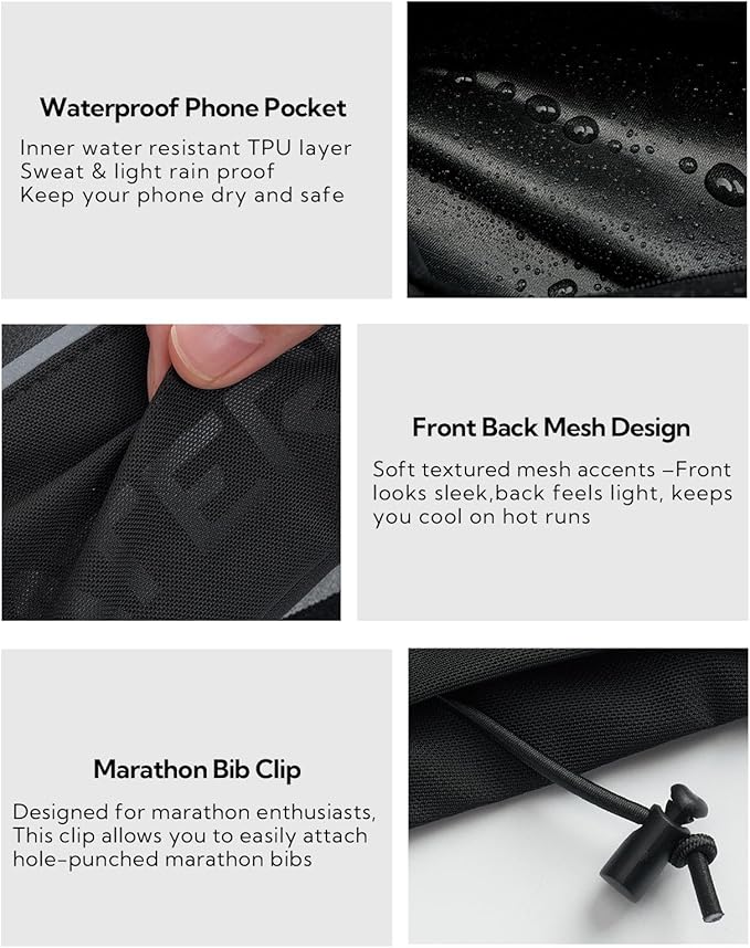 WATERFLY Running Belt Fanny Pack: Breathable 3 Pocket Waist Bag for Men Women Workout Exercise Fitness Phone Holder Fits ALL Phones - Runner Marathon Jogging Race Belt With Bib Clip Black