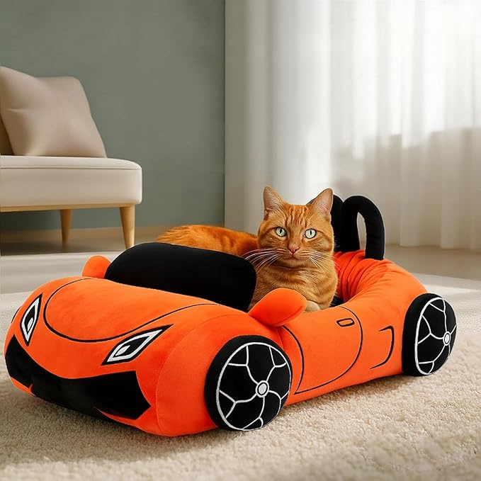 Cute Cat Beds Kitten Beds, Soft Small Dog Beds, Washable Pet Beds for Puppy and Kitty, Funny Supercar Cat Toys, 24 Inch