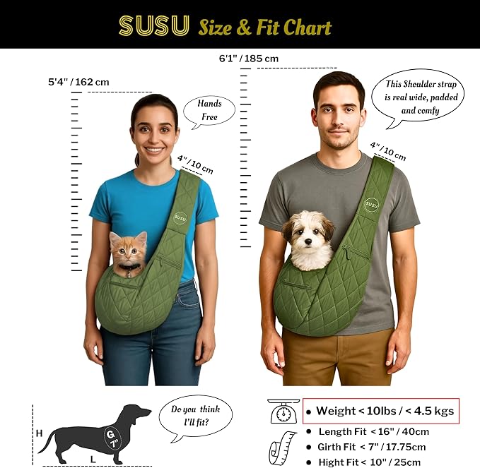 Small Dog Carrier Sling – Olive Green Hands‑Free 2‑in‑1 Sling & Handheld Carrier for Dogs up to 10 lbs, Parachute‑Grade Rip‑Stop Nylon, 4″ Padded Strap, Safety Tether & Pockets
