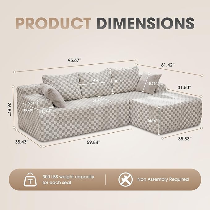 Hobestluk 96“ Modular Sectional Sofa Couches L-Shape Couch 3 Seat Modular Sofa Sectional Couches for Living Room, Cloud Couch with Oversized Chaise (Greygreen, Checked (Right Facing Chaise))