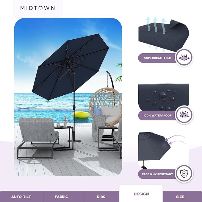 Midtown Umbrellas Sunbrella Umbrella 10 Feet Large Outdoor Umbrella With Sunbrella Canvas Navy Fabric - Auto-Tilt Aluminum Frame Large Patio Umbrella For Backyard, Deck, Garden, Pool - Black Pole