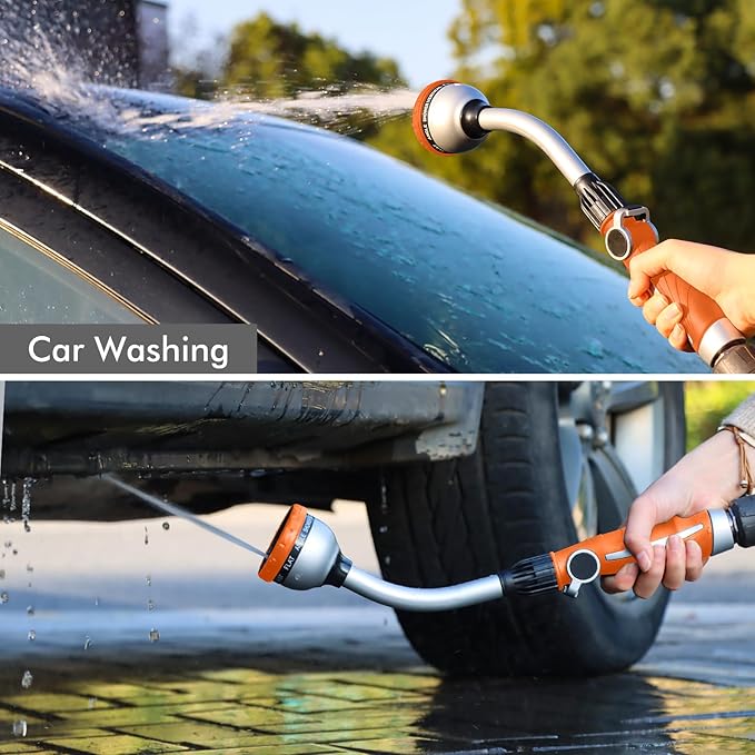 RESTMO Watering Wand Heavy Duty, Metal Garden Hose Wand with 10 Spray Patterns, 15-Inch Long Hose Nozzle Sprayer with Thumb Flow Control, Ideal to Water Hanging Baskets and Shrubs, Orange
