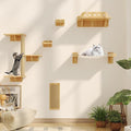 Cat Wall Shelves, Set of 6 Wooden Cat Wall Furniture Includes Scratching Post with 3 Steps, Jumping Platform, Hammock and Scratcher Board for Kittens