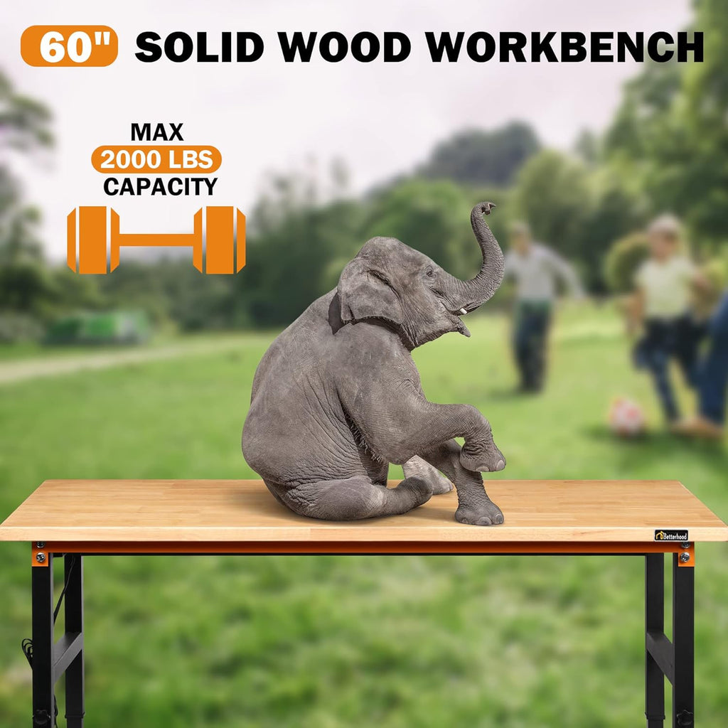 Adjustable Height Workbench, 60" Rubber Wood Top Heavy Duty Workstation with Power Outlets, 2000 LBS Load Capacity Hardwood Worktable for Workshop, Garage, Office, Home, Commercial