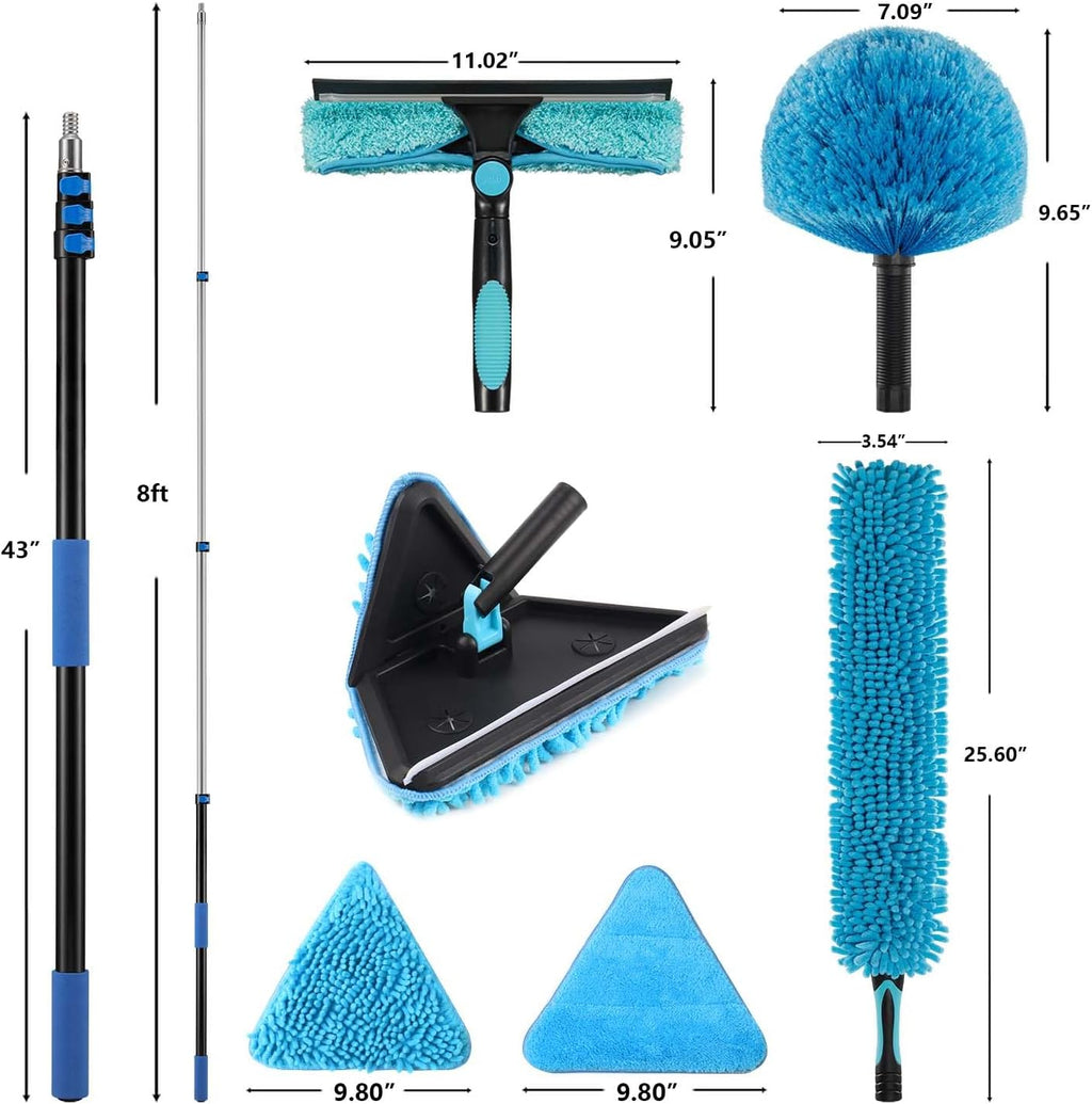 16 Feet High Ceilings Baseboard Wall Cleaner Mop with 8 Ft Extension Pole, Cobweb Duster, Window Cleaning Squeegee Kit (8ft)
