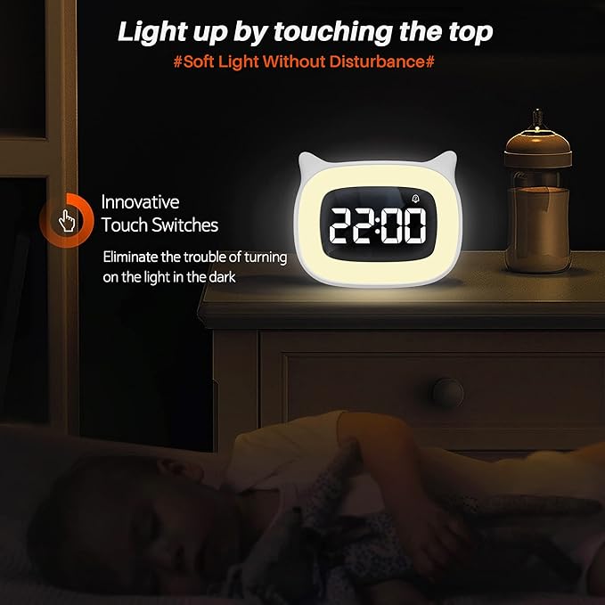 Kids Alarm Clock with Night Light & 18 Ringtones,Rechargeable,Cute Cat Ear Clock for Boys Girls Birthday Presents,Digital Clock for Children's Bedroom(White)