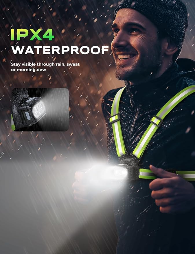 500LM High-Visibility Running Lights for Runners with 7 Modes, Adjustable 45° Beam, 360° Reflective Vest & IPX4 Waterproof Running Vest for Night Walking/Cycling/Jogging, 3.5-20Hrs Runtime