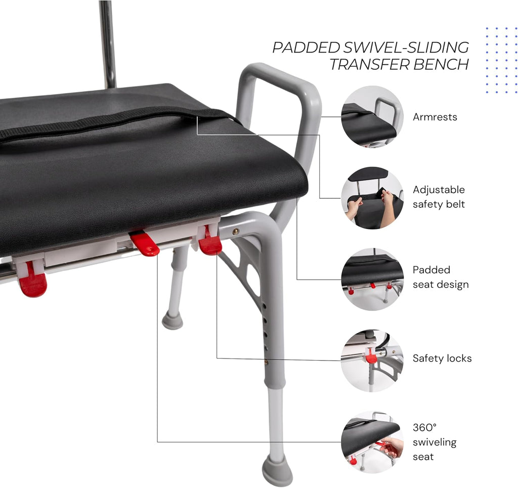 Padded Swivel Sliding Shower Chair & Transfer Bench, Height Adjustable, Heavy-Duty Capacity, for Safety Shower, for Elderly & Disabled