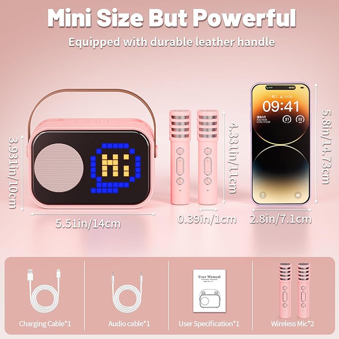 Karaoke Machine for Kids Adults, Portable Bluetooth Karaoke Speaker with 2 Wireless Microphones, Pixel Display Light, Birthday Gifts Toys for Girls & Boys Ages 3, 4, 5, 6, 7, 8, 9,10,11,12+ Years