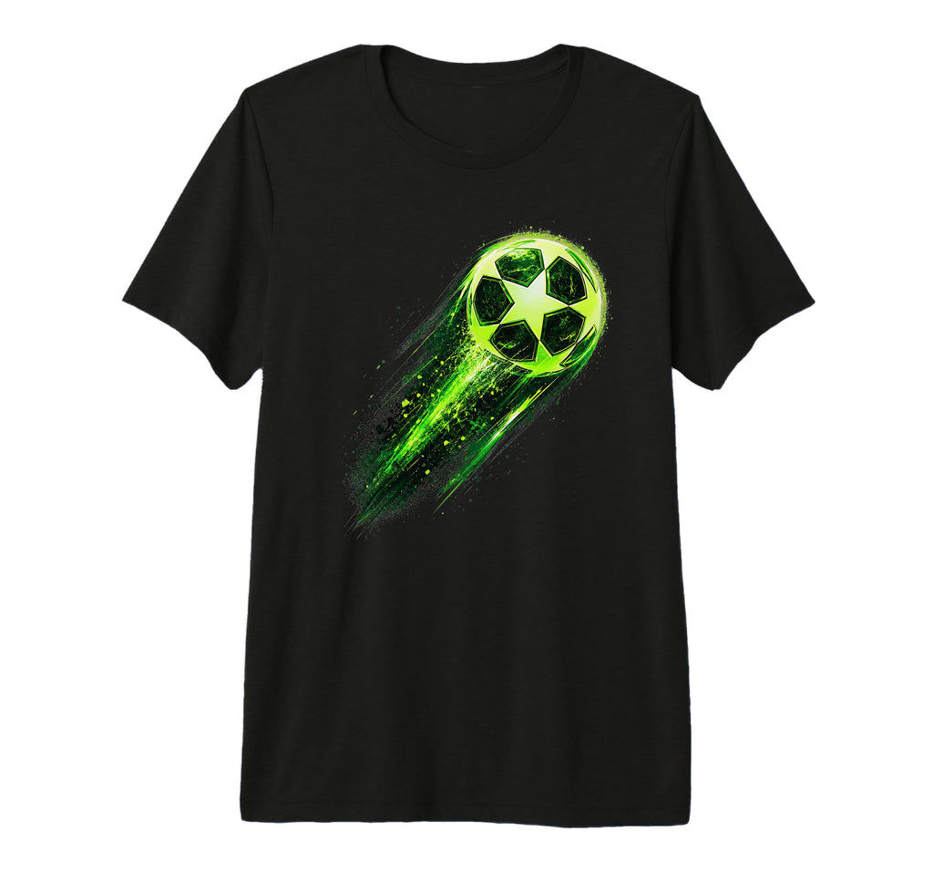 Dynamic Soccer Ball Green Meteor T-Shirt - Trendy Graphic for Adults