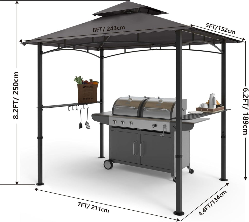 COOSHADE 8'x 5' Grill Gazebo Double Tiered Outdoor BBQ Gazebo Canopy with LED Light (Gray)