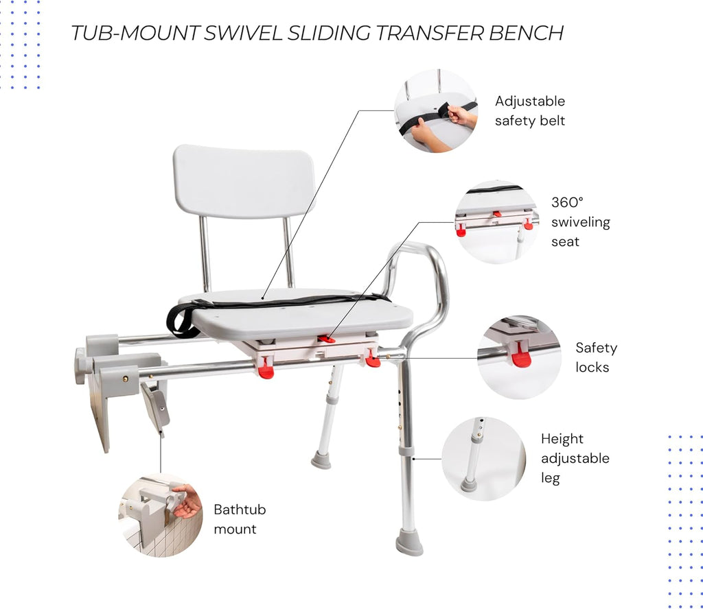 Tub-Mount Swivel Transfer Bench, Weight Capacity 350 LBs, for Safety Shower, for Elderly & Disabled