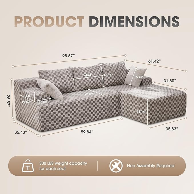 Hobestluk 96“ Modular Sectional Sofa Couches L-Shape Couch 3 Seat Modular Sofa Memory Foam Sectional Couches for Living Room, Cloud Couch with Oversized Chaise (Grey, Checked (Right Facing Chaise))