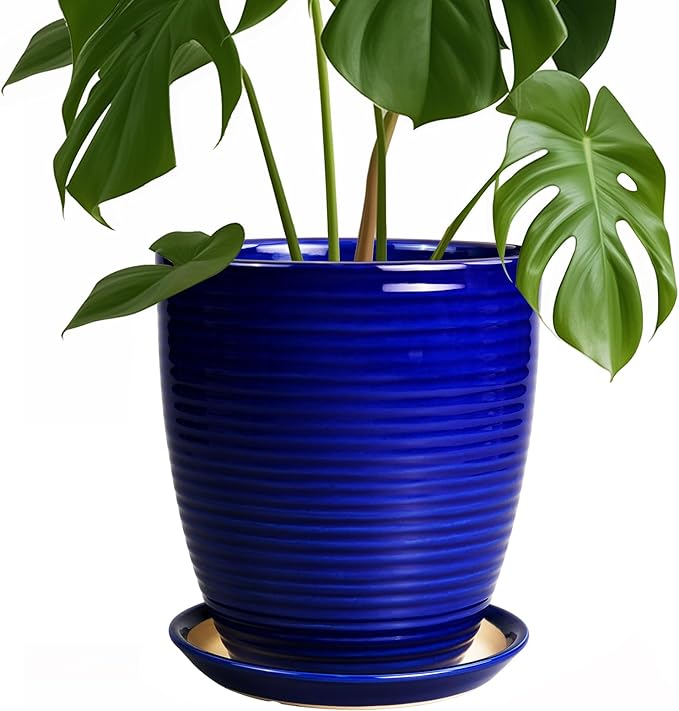 Ceramic Planter Pot - 8 Inch Plant Pot with Drainage Hole and Tray Round Planter Modern Flower Pot for Indoor Outdoor Plants Decorative Garden Pot Blue