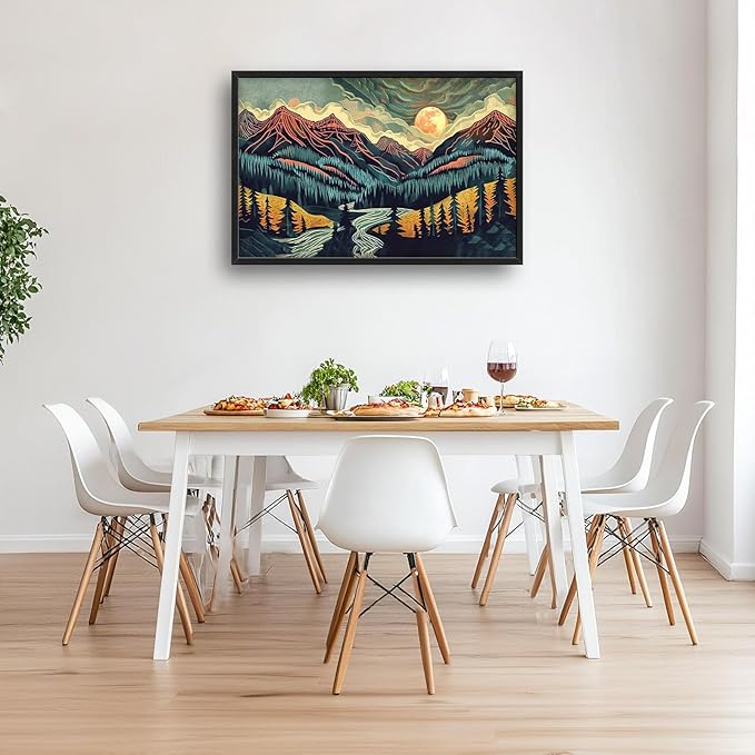 Quorin Boho Mountain Large Wall Art Abstract Pictures Lake Pine Tree Forest Foggy Sunset Wall Decor Nature Landscape Canvas Print Painting Artwork for Bathroom Living Room Bedroom 36L x 24W