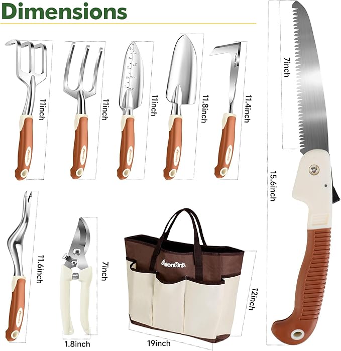 MelonArt Garden Tool Set,10 Pcs Heavy Duty Gardening Hand Tool Kit for Women Aluminum with Non Slip Ergonomic Handle, Storage Tote Bag and Gardening Gloves, Ideal Gifts for Women and Men