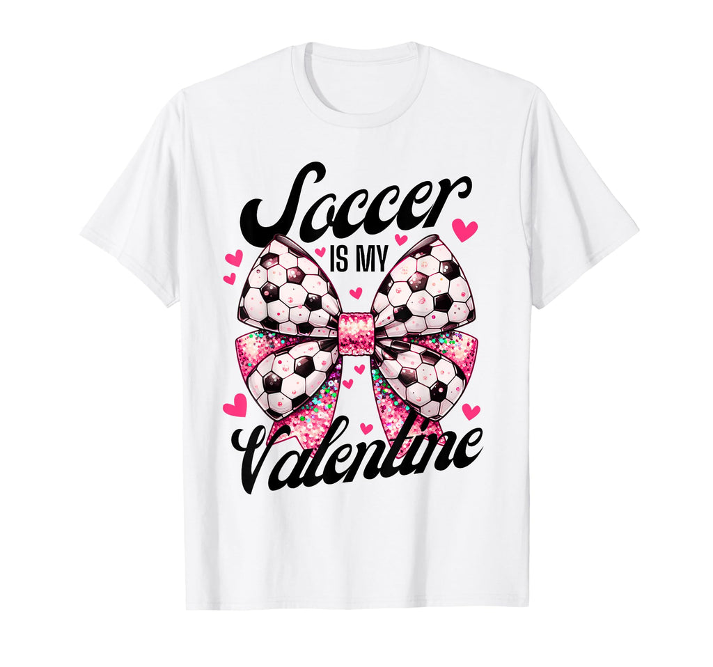 Soccer Is My Valentine Coquette Bow T-Shirt - Minimalist Print for Adults